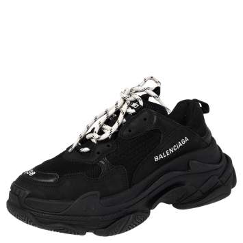 Pre Owned Balenciaga Black Leather, Mesh Triple S Low Top Chunky Sneakers Size 38