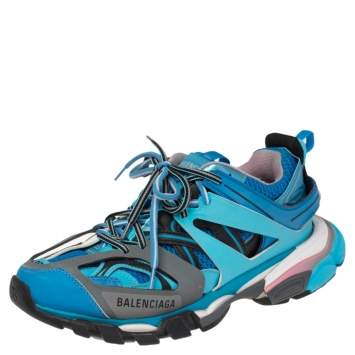 Pre Owned Balenciaga Blue/Pink Leather And Mesh Track 2 Low Top Sneakers Size 39