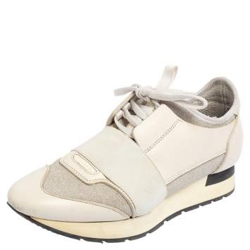 Pre Owned Balenciaga White/Grey Leather And Stretch Knit Race Runner Low Top Sneakers Size 37