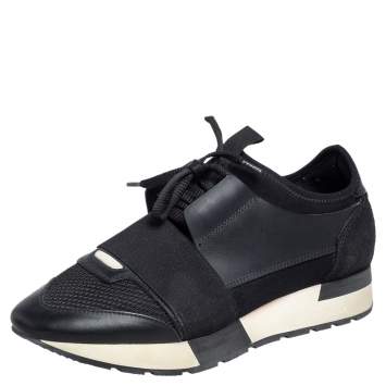 Pre Owned Balenciaga Black Leather And Mesh Race Runner Sneakers Size 37