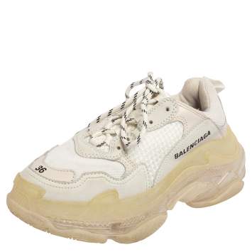 Pre Owned Balenciaga White/Grey Leather And Mesh Triple S Low Top Sneakers Size 36