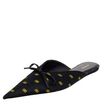Pre Owned Balenciaga Black Logo Printed Satin Knife Mules Flats Size 39
