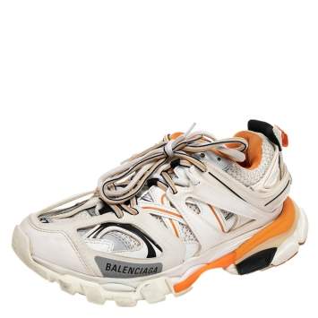 Pre Owned Balenciaga White/Orange Leather And Mesh Track Sneakers Size 37