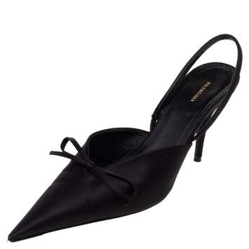 Pre Owned Balenciaga Black Satin Knife Bow Slingback Mules Size 38.5