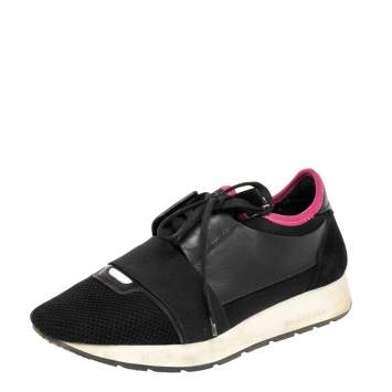 Pre Owned Balenciaga Black Mesh And Leather Race Runner Low Top Sneakers Size 39