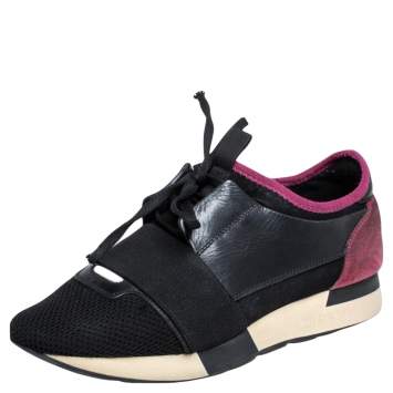 Pre Owned Balenciaga Black/Pink Leather And Mesh Race Runner Sneakers Size 38