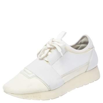 Pre Owned Balenciaga White Mesh and Leather Race Runner Sneakers Size 36