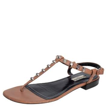 Pre Owned Balenciaga Brown Leather Arena Studded Thong Flats Size 38.5