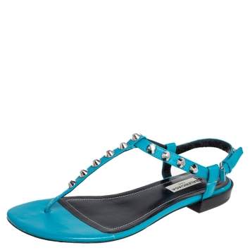 Pre Owned Balenciaga Teal Blue Leather Arena Studded Thong Sandals Size 38.5