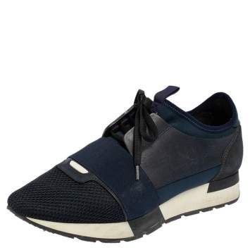 Pre Owned Balenciaga Navy Blue/Black Leather and Mesh Race Runner Sneakers Size 39