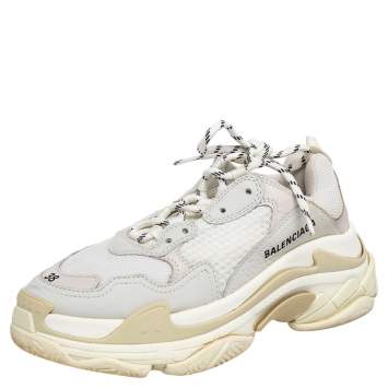 Pre Owned Balenciaga White/Grey Leather And Mesh Triple S Clear Sneakers 38
