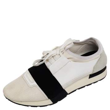 Pre Owned Balenciaga White Mesh And Leather Race Runner Low Top Sneakers Size 39