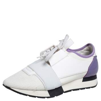 Pre Owned Balenciaga White/Lavender Leather And Mesh Race Runner Sneakers Size 38