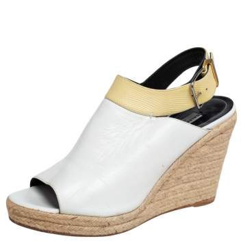 Pre Owned Balenciaga White/Yellow Leather Glove Espadrilles Wedge Sandals Size 41