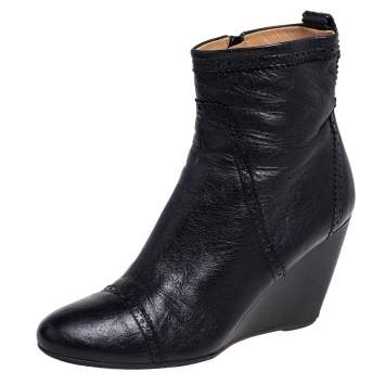 Pre Owned Balenciaga Black Brogue Leather Wedge Ankle Boots Size 40