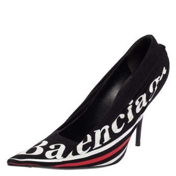 Pre Owned Balenciaga Black Fabric And Leather Knife Logo Pointed Toe Pumps Size 36