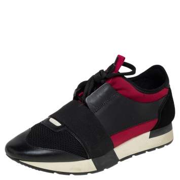 Pre Owned Balenciaga Black/Red Mesh And Leather Race Runner Sneakers Size 40