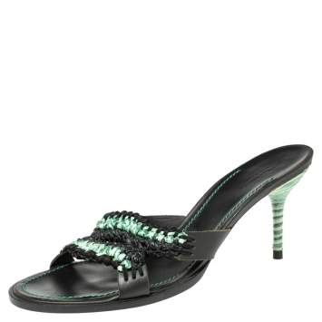 Pre Owned Bottega Veneta Green/Black Raffia And Leather  Open Toe Slide Sandals Size 41