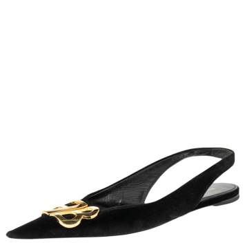 Pre Owned Balenciaga Black Suede BB Knife Slingback Flat Sandals Size 38.5