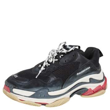 Pre Owned Balenciaga Black/Red Leather And Mesh  Triple S Clear  Sneakers Size 45