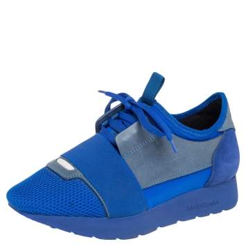 Pre Owned Balenciaga Blue/Grey  Leather, Mesh Race Runner  Sneakers Size 36