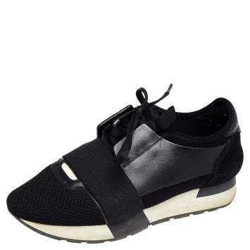 Pre Owned Balenciaga Black Leather And Mesh Race Runner Low Top Sneakers Size 37