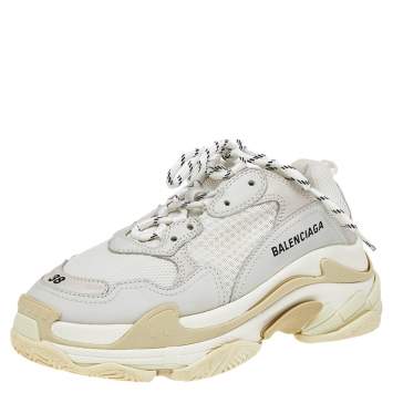Pre Owned Balenciaga White/Grey Mesh And Leather Triple S Low Top Sneakers Size 38