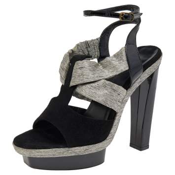 Pre Owned Balenciaga Black/Grey Fabric And Suede Open Toe Slingback Sandals Size 36