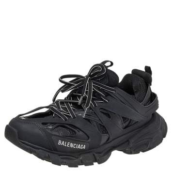 Pre Owned Balenciaga Black Leather And Mesh Track Trainers Sneakers Size 39