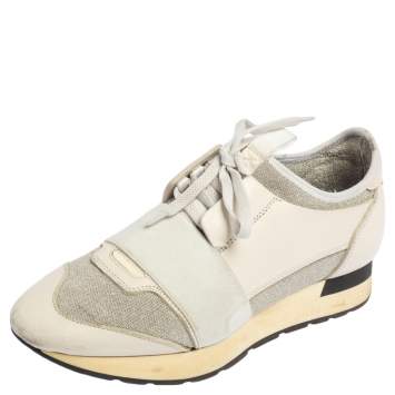 Pre Owned Balenciaga Off White/Grey Leather And Fabric Race Runner Sneakers Size 37