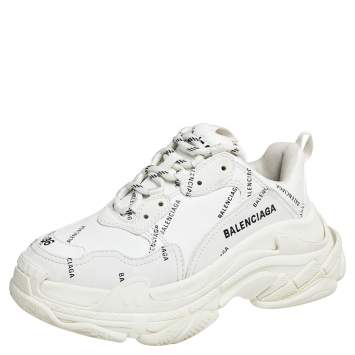 Pre Owned Balenciaga White Leather Triple S All Over Logo Low Top Sneakers Size 36