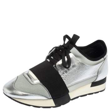 Pre Owned Balenciaga Silver/Grey Leather And Fabric Race Runner  Sneakers Size 36