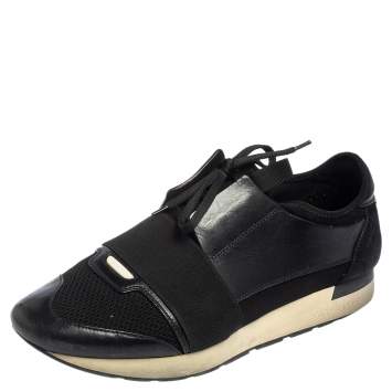 Pre Owned Balenciaga Black Leather and Mesh Race Runner Sneakers Size 42