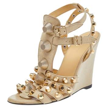 Pre Owned Balenciaga Beige Leather Arena Wedge Sandals Size 39