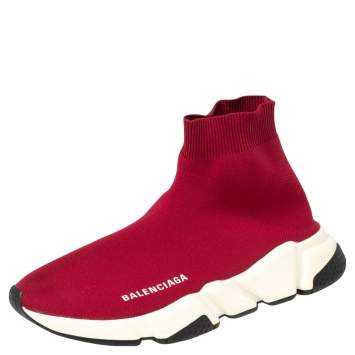 Pre Owned Balenciaga Red Knit Fabric Speed Trainer High Top Sneakers Size 38