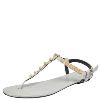 Pre Owned Balenciaga Grey Leather Studded Arena Thong Flat Sandals Size 39
