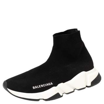 Pre Owned Balenciaga Black  Knit Fabric Speed Trainer High Top Sneakers Size 37