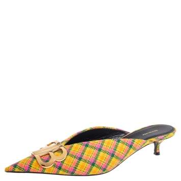 Pre Owned Balenciaga Multicolor Tweed Knife Logo Pointed Toe Mule Sandals Size 39.5