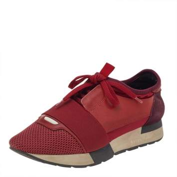 Pre Owned Balenciaga Red/White Leather And Mesh Race Runner Sneakers Size 38