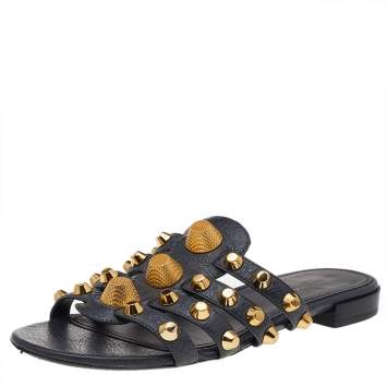 Pre Owned Balenciaga Black Textured Leather Giant Studded Slide Flats Size 38