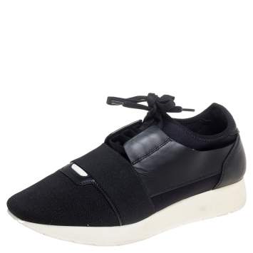 Pre Owned Balenciaga Black Leather And Mesh Race Runner Sneakers Size 40