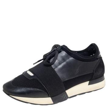 Pre Owned Balenciaga Black Leather And Mesh Race Runner Sneakers Size 38