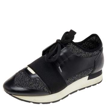 Pre Owned Balenciaga Black/Silver Leather And Knit Fabric Race Runner Low Top Sneakers Size 37