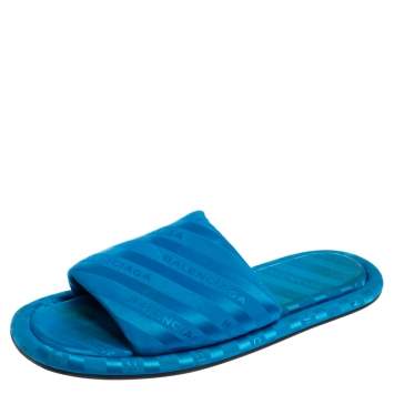 Pre Owned Balenciaga Blue Logo Fabric Hotel Flat Slides Size 40