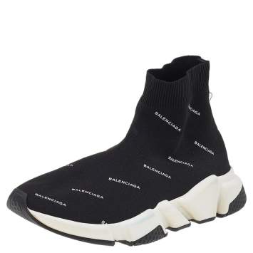 Pre Owned Balenciaga Black Logo Print Knit Fabric Speed Trainer High Top Sneakers Size 38