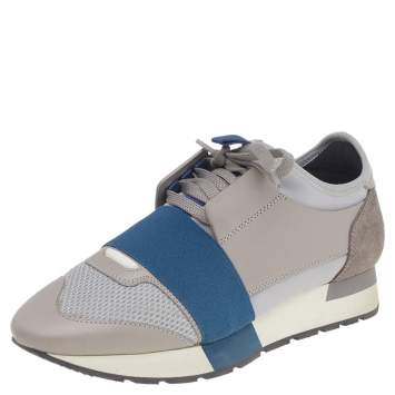 Pre Owned Balenciaga Grey/Blue Leather And Mesh Race Runner Low Top Sneakers Size 37