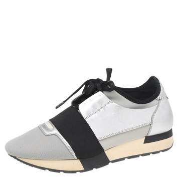 Pre Owned Balenciaga Silver/Grey Leather And Knit Fabric Race Runner Low Top Sneakers Size 39
