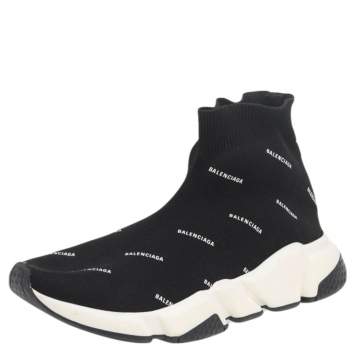 Pre Owned Balenciaga Black Knit Fabric Speed Logo Print High Top Sneakers Size 36