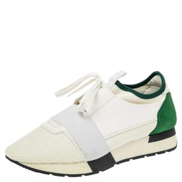 Pre Owned Balenciaga White/Green Mesh And Leather Race Runner Low Top Sneakers Size 40