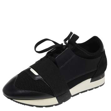 Pre Owned Balenciaga Black Mesh, Leather, And Suede Race Runner Low Top Sneakers Size 39